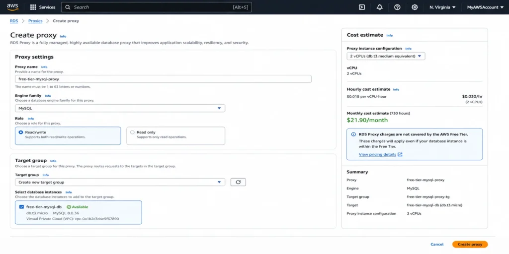 Amazon RDS Proxy configuration page showing a new proxy being set up for a db.t3.micro MySQL database with the associated pricing information panel displaying the RDS Proxy rate of $0.015 per vCPU-hour multiplied by 2 vCPUs for a total of $0.030 per hour which amounts to $21.90 per month, with a note that this charge applies immediately and is not included in the AWS free tier
