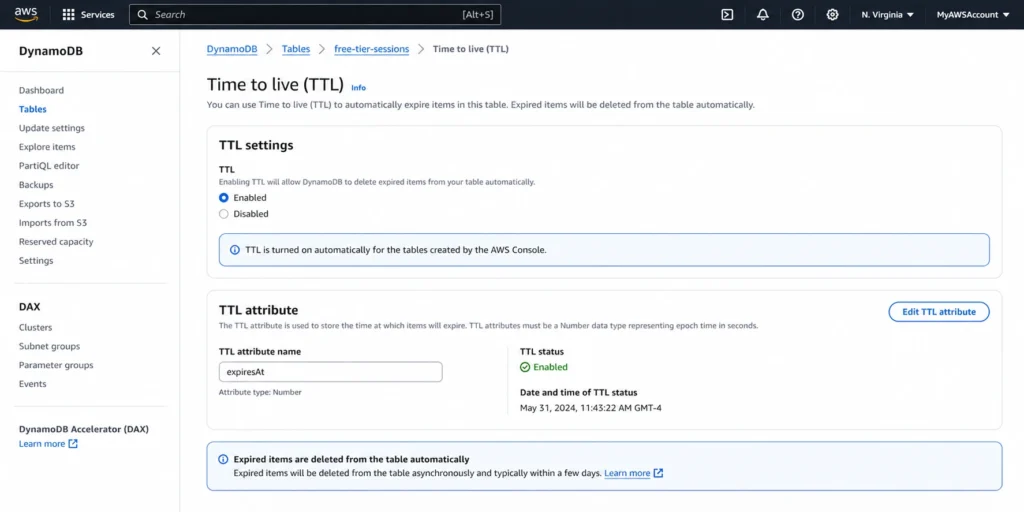 DynamoDB console Time to Live settings page displaying TTL status as Enabled, TTL attribute name configured as 'expiresAt', and a preview of the TTL attribute type as Number storing Unix epoch timestamps in seconds