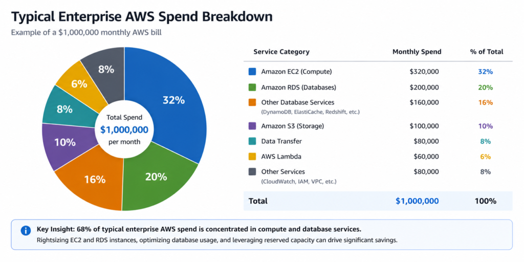 Typical enterprise AWS spend breakdown showing EC2, RDS, and database services each representing significant commitment opportunity