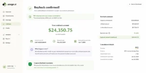 Usage.ai platform showing automatic buyback guarantee activation and cashback amount for an underutilized Insured Flex Commitment]