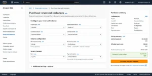 Amazon RDS console Reserved Instances purchase interface with the MariaDB engine selected, instance family set to db.r8g, deployment type Single-AZ, term selector set to 3 years, and payment option Partial Upfront, with the Reservation Details panel showing an effective amortized hourly rate of approximately $0.243 and an estimated annual savings of $2,073 compared to on-demand pricing 