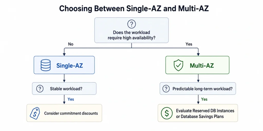 Decision tree for selecting Amazon RDS Single-AZ or Multi-AZ based on availability requirements and workload stability.