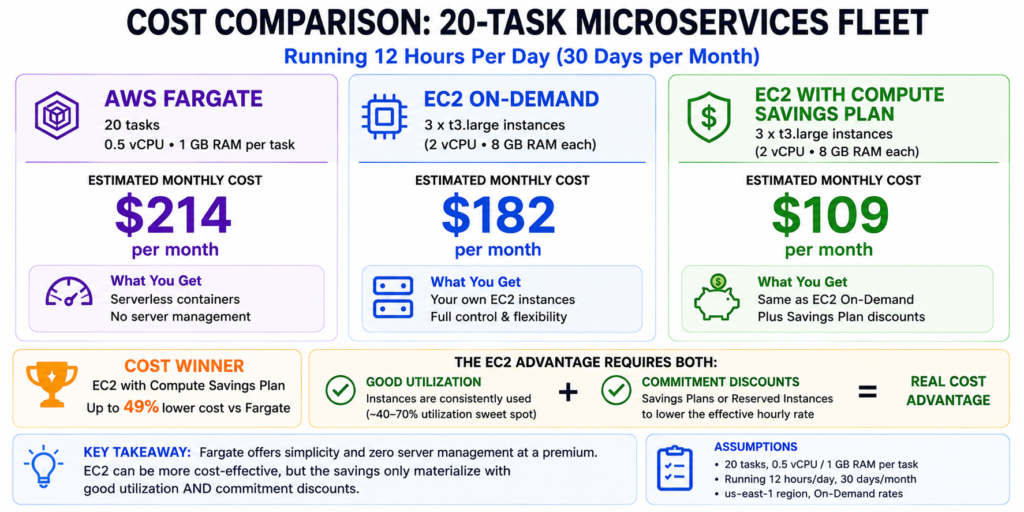 Bar chart comparing monthly costs for a 20-task microservices workload running 12 hours per day with three scenarios shown as grouped vertical bars: the first bar showing Fargate on-demand at $214 per month in orange, the second showing EC2 three t3.large instances on-demand at $182 per month in blue, and the third showing EC2 three t3.large instances with a 1-year Compute Savings Plan at $109 per month in green, with annotations showing that EC2 on-demand saves 15 percent versus Fargate but EC2 with commitment discount saves 49 percent, illustrating that the EC2 cost advantage requires both adequate utilization and commitment discounts to be meaningful