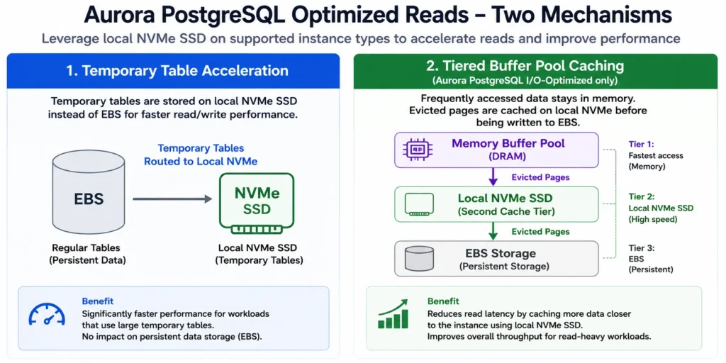 Two-panel architecture diagram illustrating the RDS Optimized Reads mechanisms: the left panel labeled Temporary Table Acceleration shows a query execution flow where complex sort and aggregation operations that would normally write temporary tables to the EBS network storage are instead redirected to the local NVMe SSD attached to the d-family instance, reducing I/O latency for those operations across all supported RDS and Aurora engines; the right panel labeled Tiered Buffer Pool Caching shows a three-layer storage hierarchy with the in-memory InnoDB buffer pool at the top, a local NVMe SSD layer below it labeled second-tier cache receiving database pages evicted from memory, and the EBS volume at the bottom, with a note indicating this tiered caching architecture is available only on Aurora PostgreSQL instances using the I/O-Optimized billing configuration
