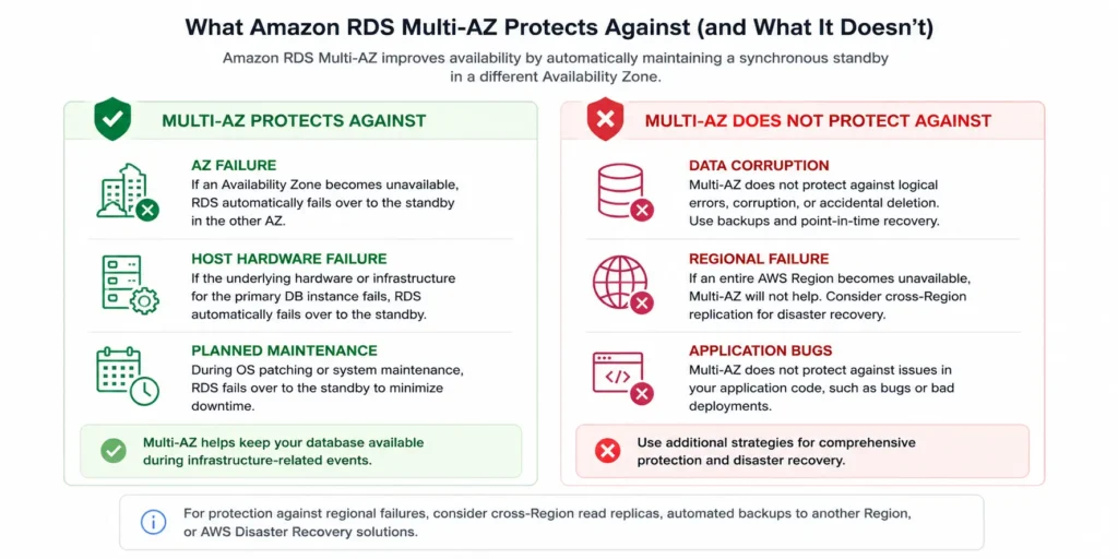 Protection scope diagram for RDS Multi-AZ deployment showing two columns: a green column labeled 'Protected' containing AZ-level failures, EC2 host hardware failures, and planned maintenance windows with automatic failover, and a red column labeled 'Not Protected' containing data corruption and accidental deletion that replicates to standby, full AWS regional outages, and application-layer incidents like runaway queries and schema lock-ups