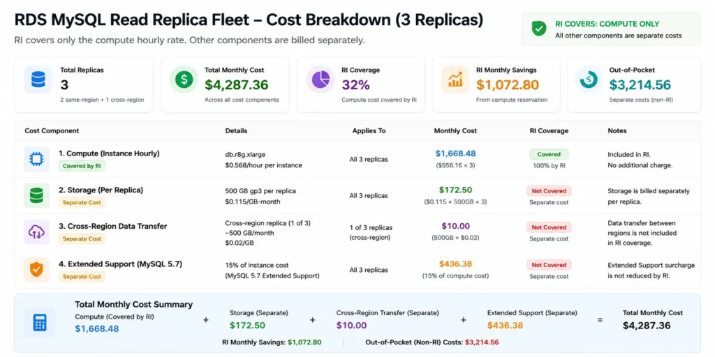 Stacked cost breakdown bar chart for an RDS MySQL read replica fleet of three db.r8g.xlarge replicas showing the full monthly cost composition: the bottom green segment representing compute costs covered by the Single-AZ reserved instance at $0.320 per hour per replica, the second orange segment representing EBS gp3 storage at $0.115 per GB per month billed separately for each replica, the third red segment representing cross-region data transfer charges for one replica in a different region not covered by any RI, and an optional top dark red segment showing the $584 per month Extended Support surcharge per replica for teams still running MySQL 5.7