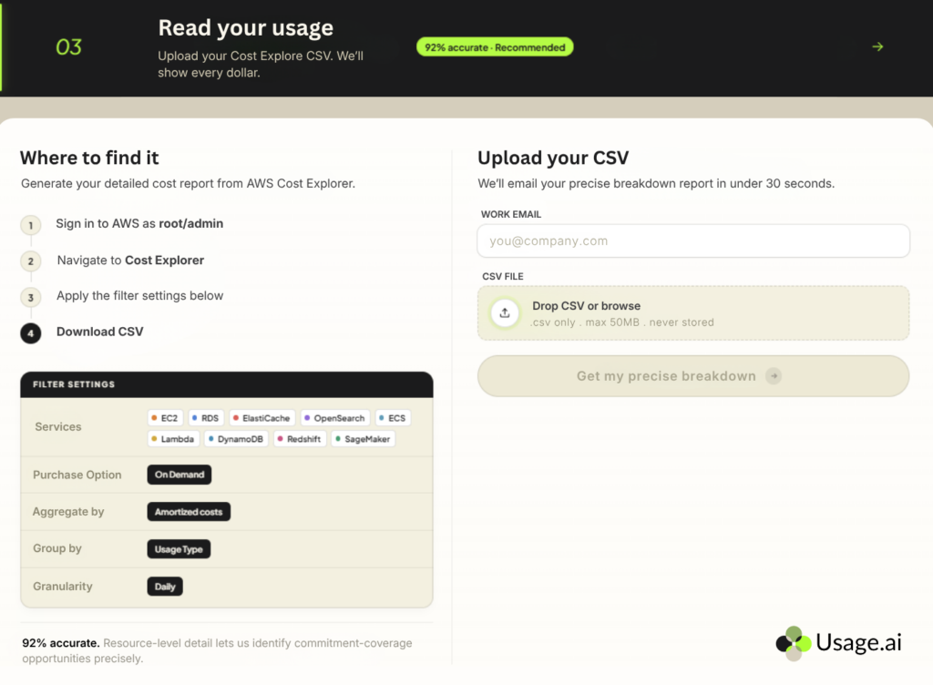 Image of Usage.ai savings calculator, 92% accurate recommendation