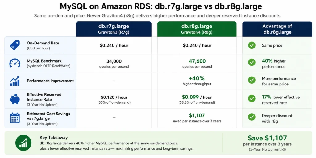 Cost and performance comparison bar chart showing two RDS MySQL instance types side by side, db.r7g.large and db.r8g.large, both at $0.240/hr on-demand, with the r8g bar showing a 40% taller performance benchmark score and a lower effective reserved instance hourly rate due to the deeper RI discounts available for the Graviton4 generation, demonstrating that choosing r8g over r7g before purchasing a 3-year reserved instance delivers both better performance and lower committed cost