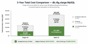 Side-by-side bar chart comparing 3-year total cost for db.r8g.xlarge MySQL: Single-AZ at $5,680 (3-yr All Upfront RI) versus Multi-AZ at $11,360 (3-yr All Upfront RI), with both bars broken down showing the RI savings versus on-demand costs of $12,614 (Single-AZ) and $25,229 (Multi-AZ)