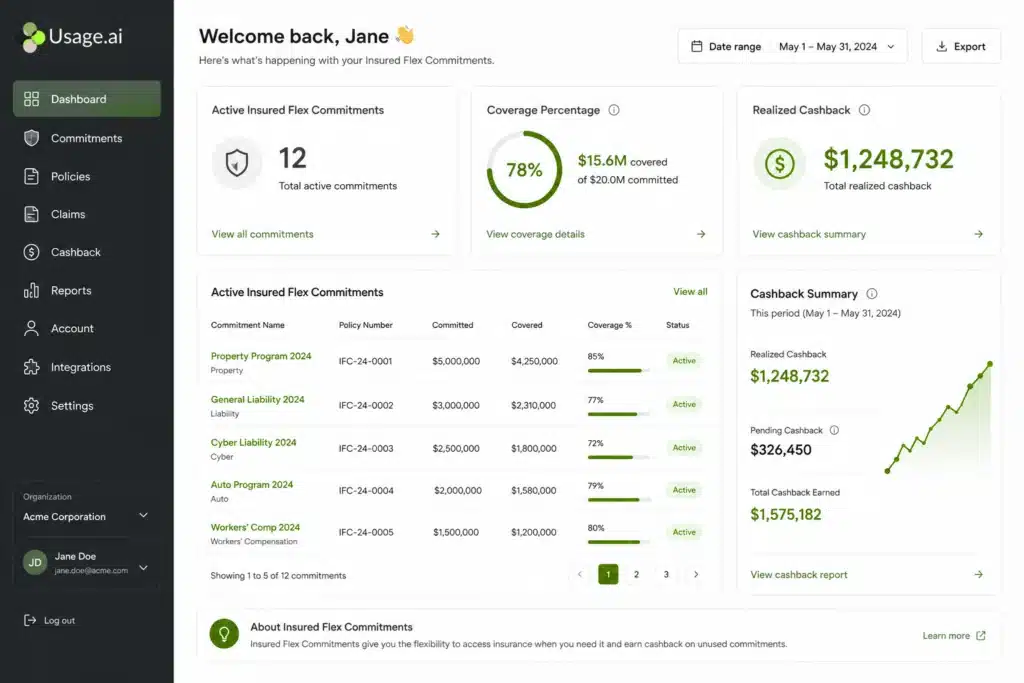 Usage.ai platform dashboard displaying active Insured Flex Commitments, coverage percentage, and realized cashback amount.