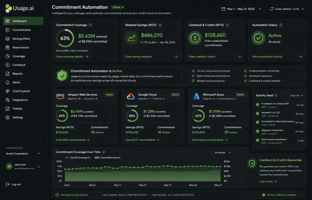 Usage.ai dashboard displaying active Insured Flex Commitments across AWS, GCP, and Azure with savings per service