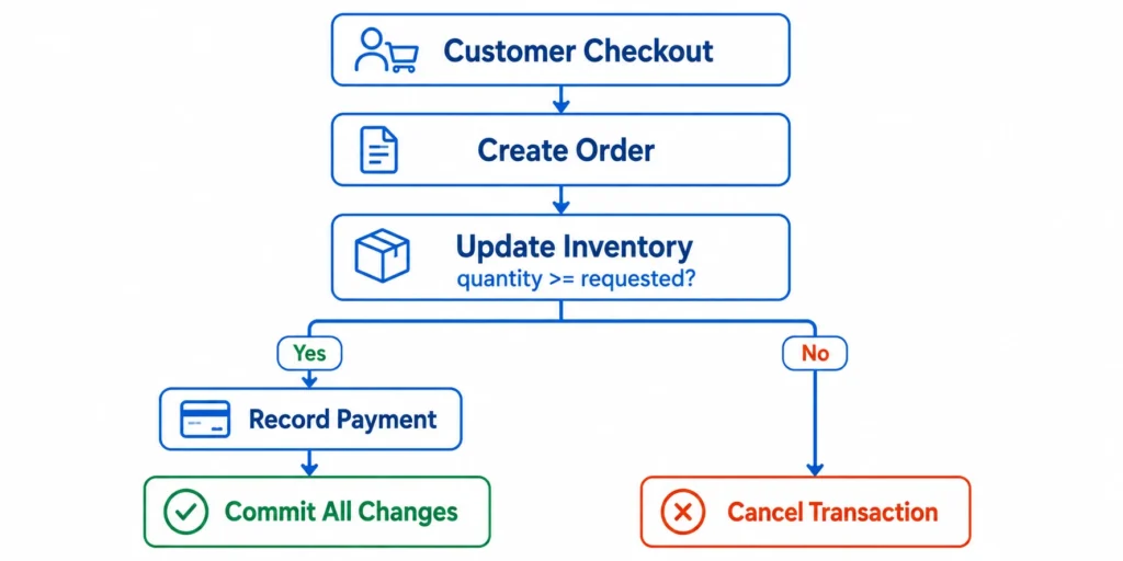 Workflow showing a DynamoDB transaction using a ConditionExpression to prevent overselling while ensuring all related operations either commit together or roll back.