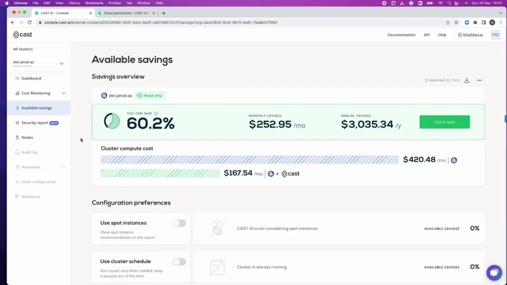 Cast AI platform showing EKS cluster cost breakdown with automated node rightsizing and Spot instance coverage recommendations
