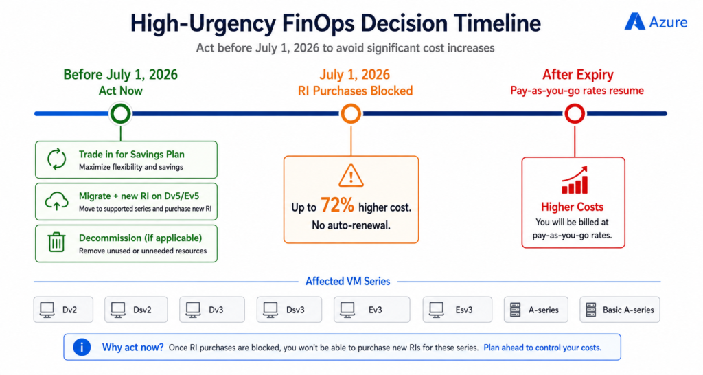 Azure Reserved VM Instance retirement timeline showing three stages - the action window before July 1, 2026, the July 1 cutoff date when new RI purchases for legacy series are blocked, and the post-expiry state where affected VMs revert to pay-as-you-go rates up to 72% higher than reserved pricing.