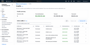 AWS Billing and Cost Management console Credits page showing a list of active promotional credits (1)