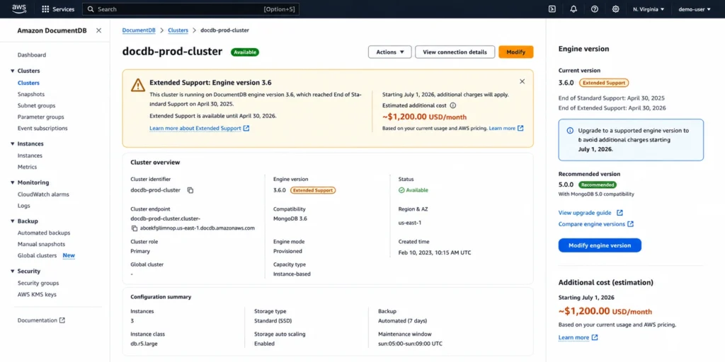 AWS DocumentDB cluster list page showing a cluster running engine version 3.6 with an orange Extended Support warning banner reading Extended Support billing begins July 1, 2026 and a Modify button to upgrade the engine version before the billing start date.