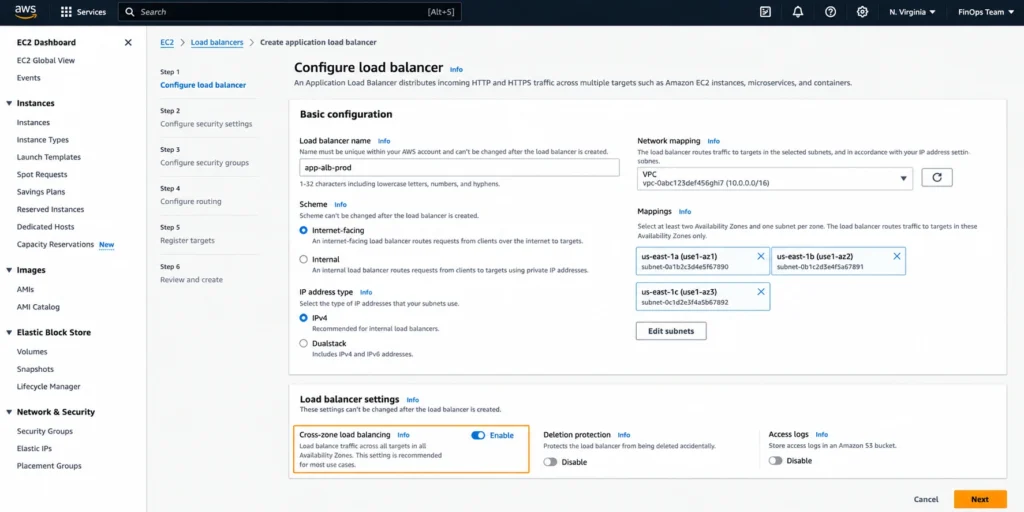 AWS ALB cross-zone load balancing configuration toggle in EC2 console