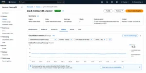 AWS MemoryDB console showing a cluster's CloudWatch DatabaseMemoryUsagePercentage (1)