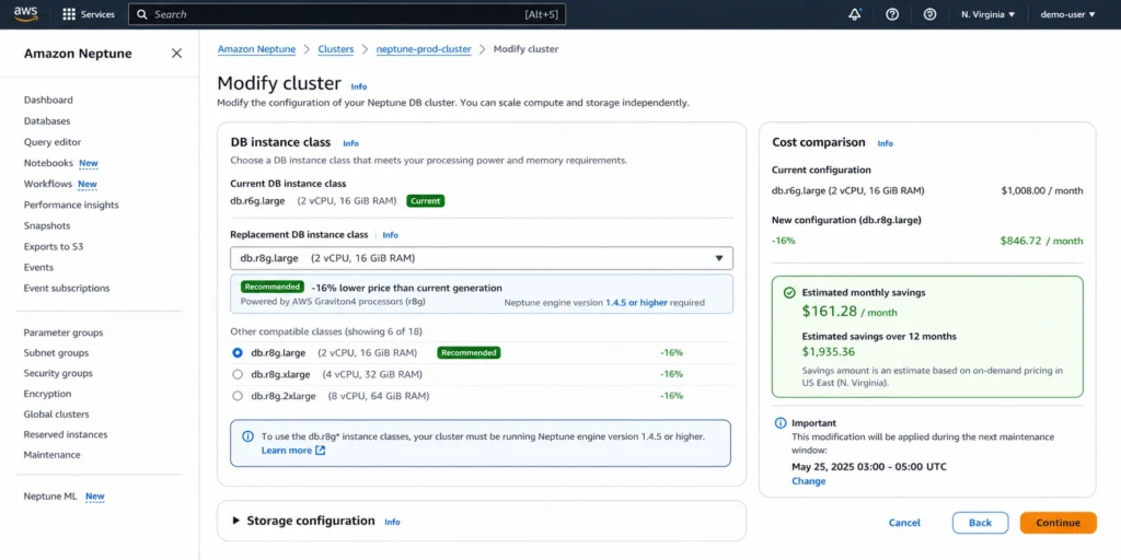 AWS Neptune management console Modify DB cluster page showing the DB instance class selector with db.r8g.large highlighted in the dropdown, displaying a pricing annotation showing approximately 16 percent lower cost than the current db.r6g.large instance, with a note stating that Graviton4 R8g instances require Amazon Neptune engine version 1.4.5 or higher and a version compatibility warning suggesting an engine upgrade if the current version does not meet this requirement, alongside an estimated monthly cost comparison panel showing the current db.r6g.large on-demand cost decreasing by approximately 16 percent with the migration to db.r8g.large