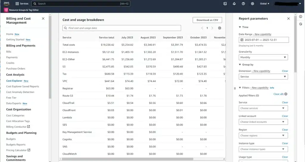 AWS Pricing Explorer table showing Amazon EC2 instance specifications alongside public pricing information.