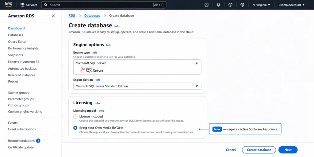 AWS RDS Create Database screen showing License Included and Bring Your Own Media (BYOM) licensing model options for SQL Server