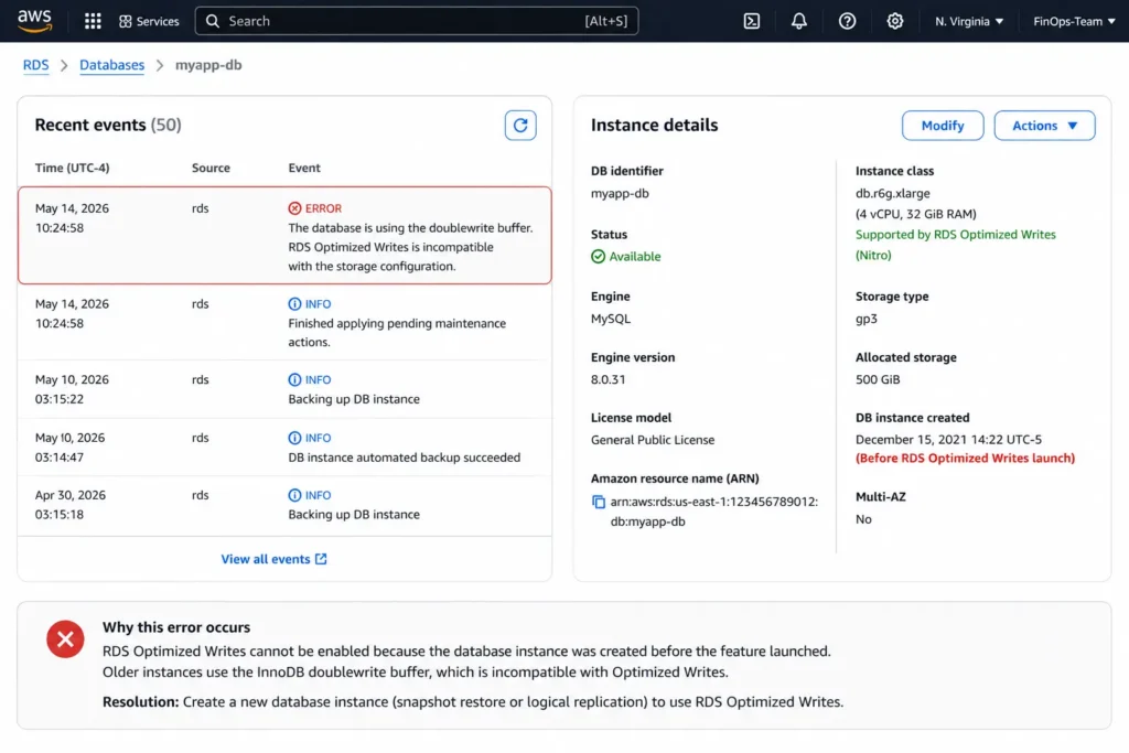 AWS RDS management console showing the Recent Events panel for a MySQL RDS instance with the event message reading The database is using the doublewrite buffer RDS Optimized Writes is incompatible with the storage configuration alongside a reference to the RDS Optimized Writes for MYSQL documentation, with the instance details panel on the right showing the database engine as MySQL version 8.0.31 which meets the version requirement, the instance class as db.r6g.xlarge which is a supported Graviton2 Nitro instance, but the creation date showing December 2021 which is before the November 2022 Optimized Writes launch date, with an annotation highlighting the creation date as the root cause of the incompatibility
