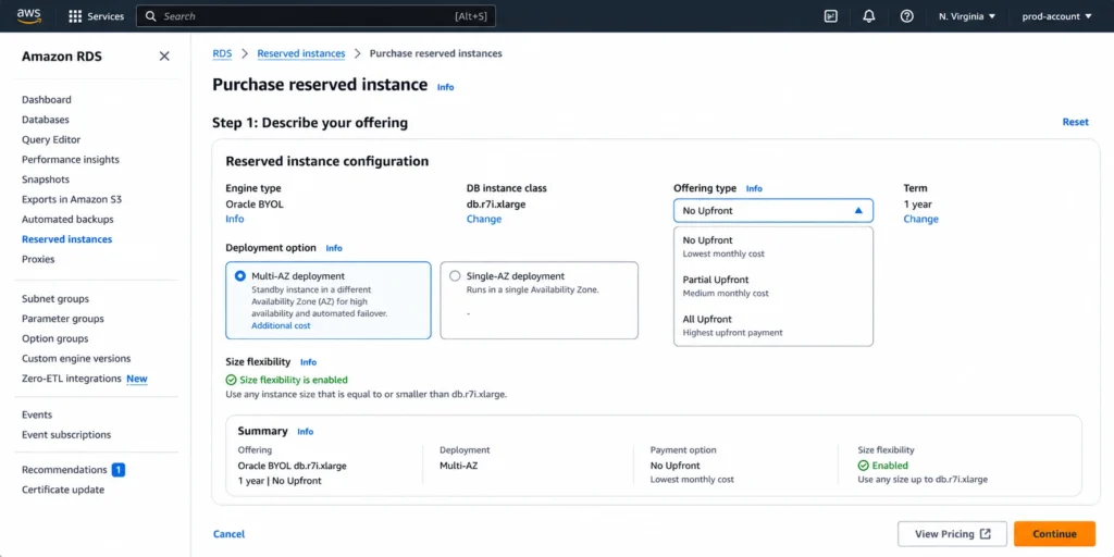 AWS RDS console Reserved Instances purchase page showing the Oracle BYOL offering for db.r7i.xlarge in US East North Virginia with the Multi-AZ and Single-AZ configuration displayed as flexible options under the same reservation, term selectors showing 1-year and 3-year options, payment type dropdown showing No Upfront selected with the effective hourly rate displayed, and a size flexibility note indicating the reservation applies to all sizes within the r7i family for Oracle BYOL workloads