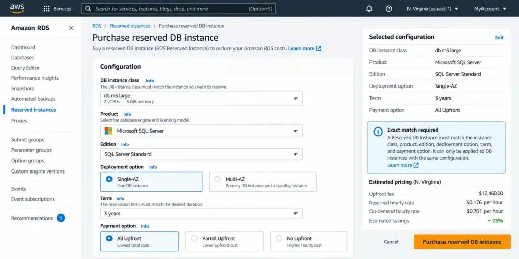 AWS RDS console showing the SQL Server Reserved Instance purchase screen with instance class, deployment option, term, and offering type.