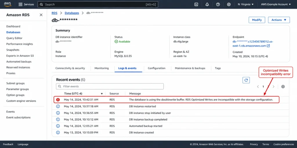 AWS RDS console Recent Events tab showing the "RDS Optimized Writes is incompatible with the storage configuration" error message.