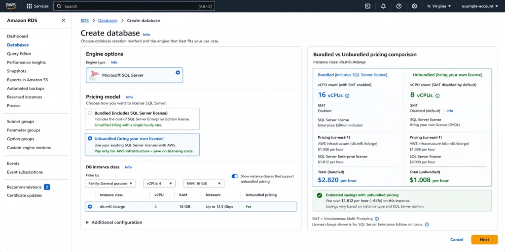 AWS RDS console SQL Server instance creation page comparing bundled pricing at 16 vCPUs versus unbundled with SMT disabled at 8 vCPUs for an Intel 4xlarge, showing how unbundled pricing cuts the SQL Server license vCPU count and total hourly cost.
