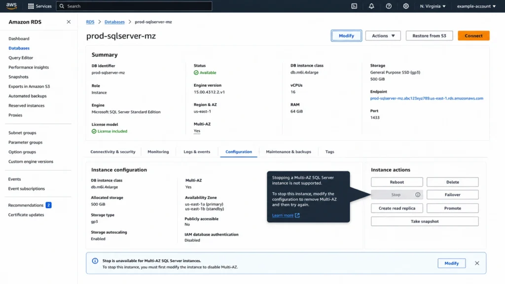 AWS RDS console showing a Multi-AZ SQL Server instance with the Stop DB instance option unavailable. A tooltip reads stopping a Multi-AZ SQL Server instance is not supported. The Modify button is highlighted as the path to remove Multi-AZ before attempting to stop the instance.