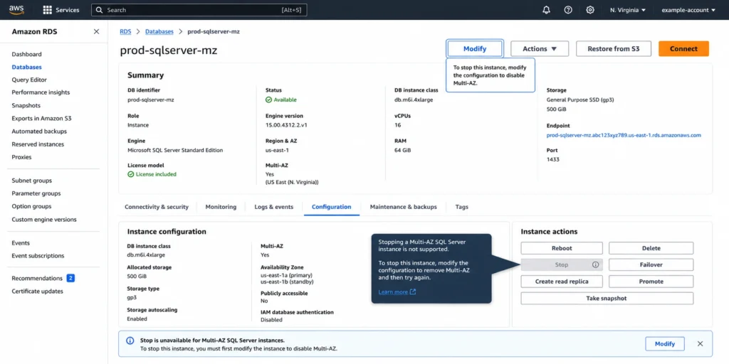 AWS RDS console showing a Multi-AZ SQL Server Failing over. AZ transitions from us-east-1a to us-east-1b. DNS endpoint unchanged throughout, confirming no connection string changes needed.