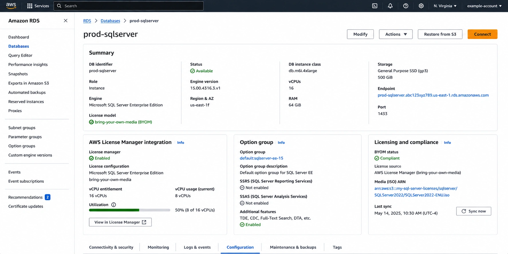 AWS RDS console for a SQL Server BYOM instance showing license model as bring-your-own-media, AWS License Manager integration panel displaying vCPU usage count, and option group confirming no SSRS or SSAS -- confirming a valid BYOM configuration.