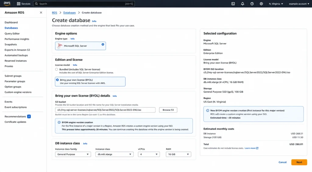 AWS RDS console Create Database screen for SQL Server showing BYOM licensing option selected with S3 bucket ISO file path populated. A progress indicator shows the 20-minute BYOM engine version creation process running in the background before instance launch.