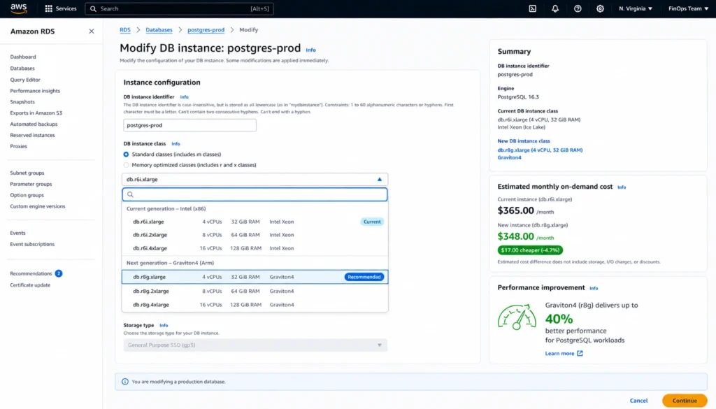 AWS RDS management console showing the Modify DB Instance page for a PostgreSQL 16 database currently running on db.r6i.xlarge with 4 vCPUs and 32 GiB RAM at $0.50 per hour on-demand, with the DB instance class dropdown open and db.r8g.xlarge highlighted as the selected Graviton4 replacement option showing 4 vCPUs and 32 GiB RAM at $0.478 per hour, with an estimated monthly cost comparison panel on the right showing the current cost of $365 per month decreasing to $349 per month on Graviton4 on-demand pricing, and a performance annotation below the selector stating Graviton4 delivers up to 40 percent better performance versus Graviton3 and up to 29 percent better price-performance