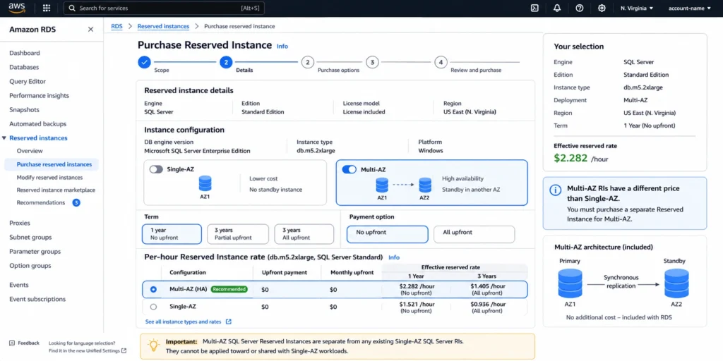 AWS RDS console Reserved Instance purchase screen for SQL Server Standard Edition with Multi-AZ selected, showing the separate Multi-AZ hourly reserved rate versus Single-AZ and a note on separate reservation options.