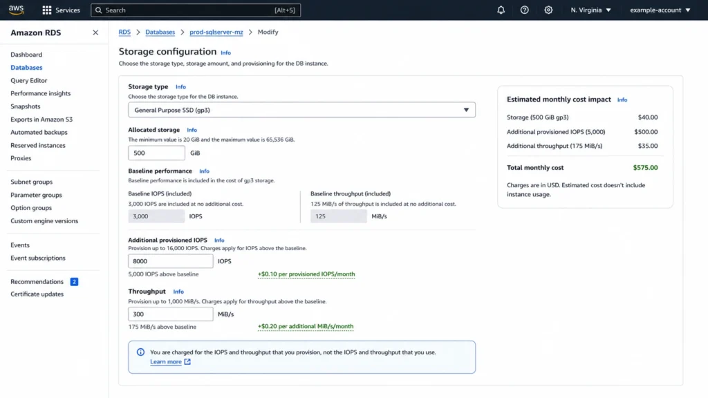 AWS RDS console gp3 volume showing 500 GB allocated, 3000 IOPS free at baseline, 8000 total IOPS with cost for 5000 additional IOPS, and 300 MiB/s throughput with per-MB/s charge for 175 MiB/s above the 125 baseline.