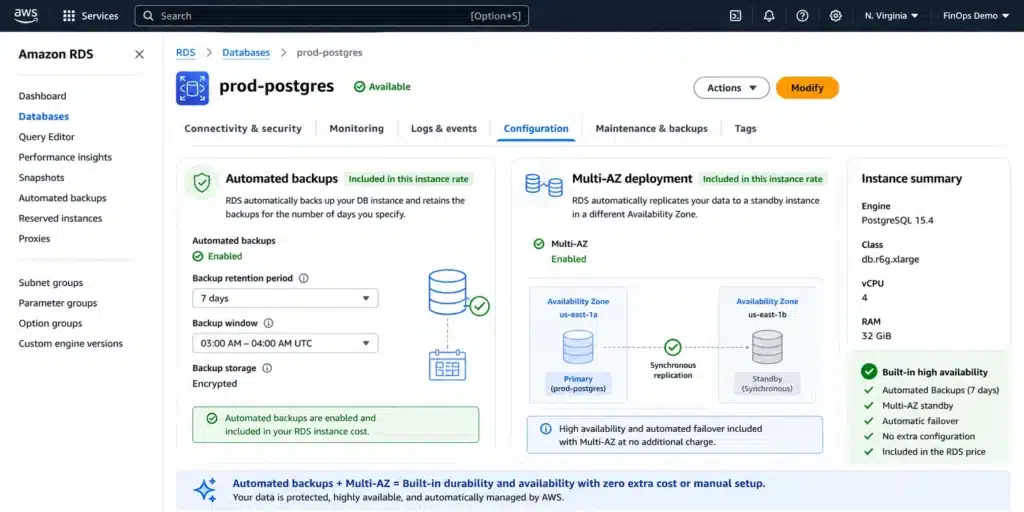 AWS RDS console showing automated backup panel with 7-day retention and Multi-AZ deployment showing a standby instance in a second Availability Zone, illustrating both managed features included in the RDS instance rate requiring no additional configuration.