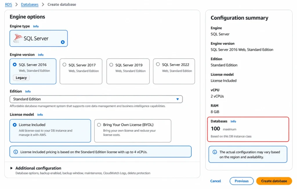 AWS RDS console engine selection showing SQL Server versions 2016, 2017, 2019, and 2022 available with Standard Edition and License Included model. Configuration summary shows the 100 databases per instance limit for SQL Server on RDS.