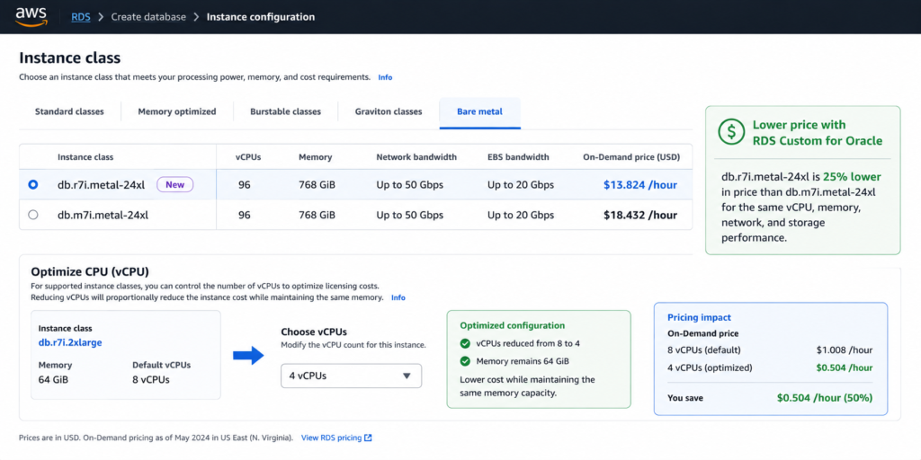 AWS RDS Create Database page showing the DB instance class section with two panels visible: the top panel shows the Bare Metal instance class options including db.r7i.metal-24xl and db.m7i.metal-24xl with a pricing note reading 25 percent lower than equivalent virtualized instances per the September 2025 announcement and a note indicating bare metal requires BYOL licensing; the lower panel shows the Optimize CPU configuration for a db.r7i.2xlarge instance with a vCPU slider set to 4 down from the default 8 vCPUs while the memory shows the full 64 GiB capacity unchanged, with an Oracle licensing annotation showing the license requirement dropping from 4 processor licenses at 8 vCPUs to 2 processor licenses at 4 vCPUs