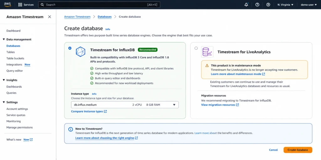 AWS Timestream management console showing the Create Database page with two sections: the top section showing Timestream for InfluxDB with a green Recommended badge, an instance class dropdown showing db.influx.large selected, a deployment option for Single-AZ or Multi-AZ, and pricing information showing $0.264 per hour for db.influx.large in US East, and the bottom section showing Timestream for LiveAnalytics with an orange maintenance mode banner reading This product is in maintenance mode and no longer accepts new customers as of June 20 2025, with a blue Learn how to migrate link below it