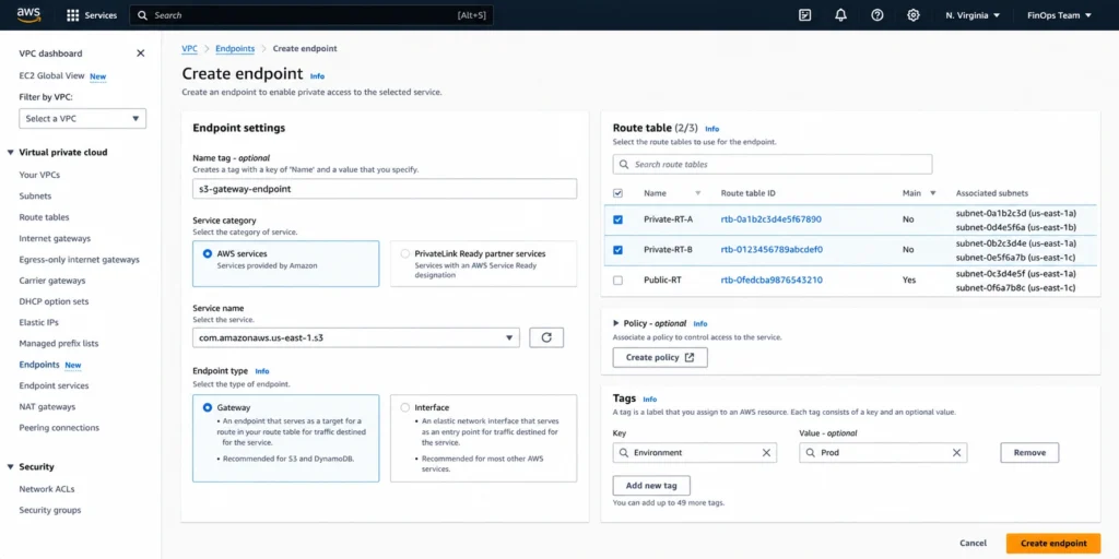 VPC console screen for creating an S3 Gateway Endpoint with route table association