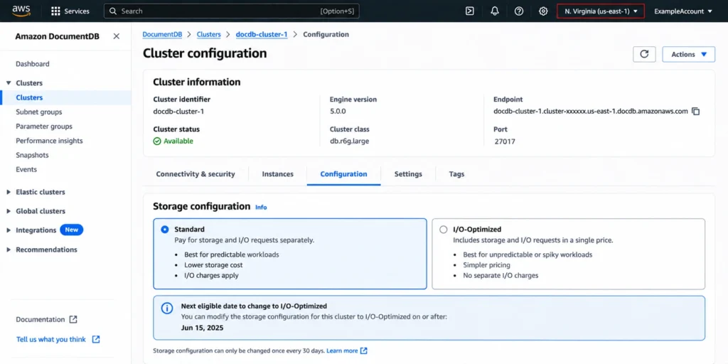 Amazon DocumentDB cluster configuration showing the selected storage type and next eligible I/O-Optimized modification date.