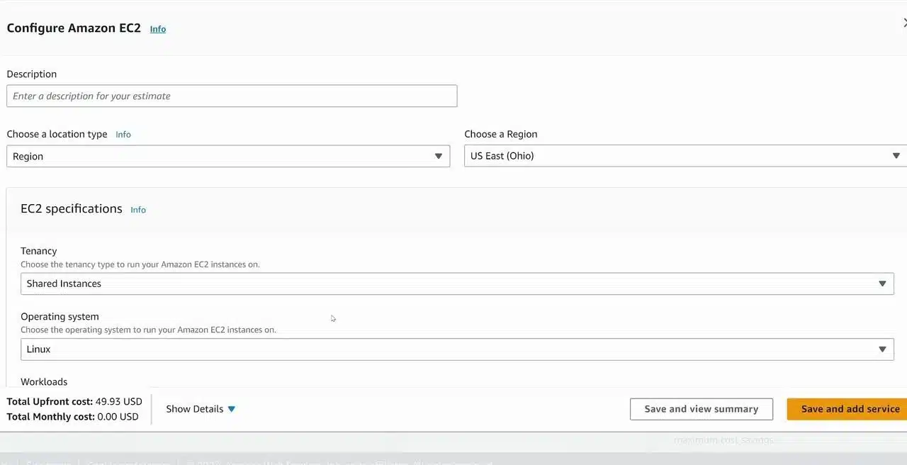 Searching for an Amazon EC2 instance and applying Region and operating system filters in the AWS Pricing Explorer.