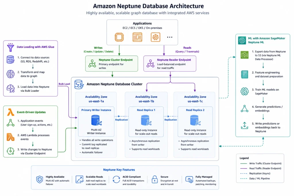 Technical architecture diagram showing an Amazon Neptune Database cluster deployed in a multi-AZ configuration within a VPC in US East region, with the primary writer instance in availability zone us-east-1a handling read-write traffic from the application tier through the cluster endpoint shown in dark blue, two read replica instances distributed across us-east-1b and us-east-1c serving read traffic through the reader endpoint shown in lighter blue, a shared cluster storage volume spanning all three availability zones with automatic 10 GB increment scaling, and three integration paths shown with separate colored arrows: an orange arrow from AWS Glue indicating ETL data loading from S3 and other sources, a green arrow from AWS Lambda showing event-driven graph updates, and a purple arrow from Amazon SageMaker showing the Neptune ML training pipeline for graph neural network model development