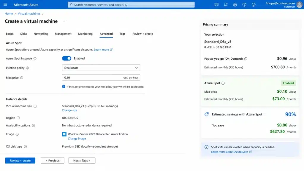 Azure portal VM creation form with Spot Instance enabled. Eviction policy: Deallocate, max price: $0.10/hr versus pay-as-you-go $0.96/hr for a D8s v3, showing approximately 90 percent savings at current Spot pricing.