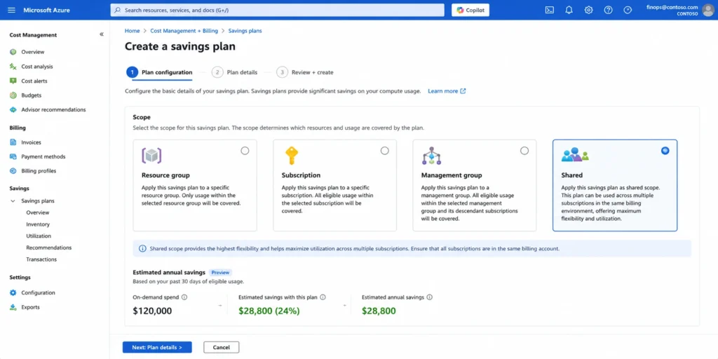 Azure portal savings plan Configuration page showing the scope dropdown with four options: Resource Group, Subscription, Management Group, and Shared. Shared is currently selected for this savings plan.