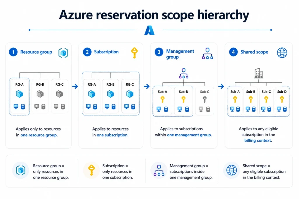 Diagram showing four Azure reservation scopes and the billing boundaries each scope can cover.