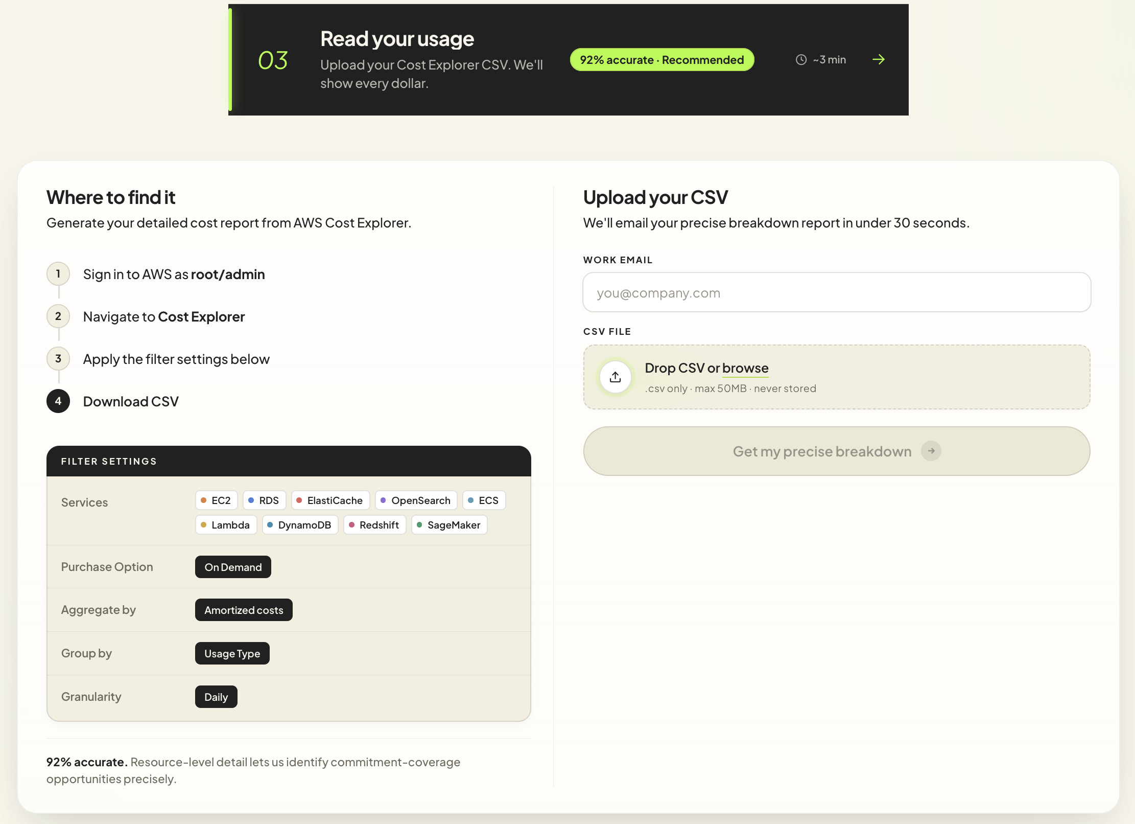 Usage.ai Cost Explorer CSV method with exact filter settings and the upload interface.