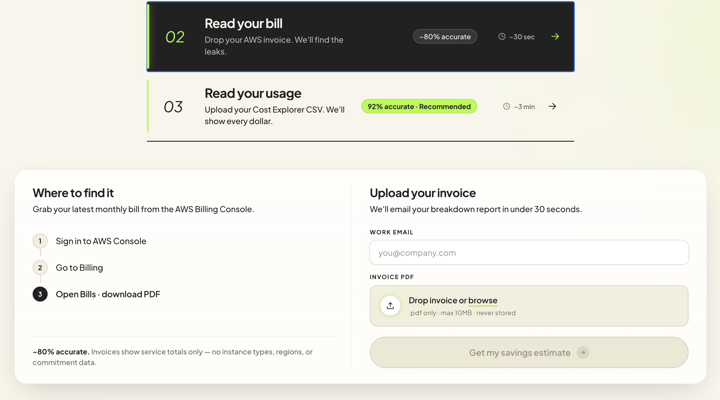Usage.ai invoice upload interface with instructions for downloading an AWS billing PDF and the submission form.